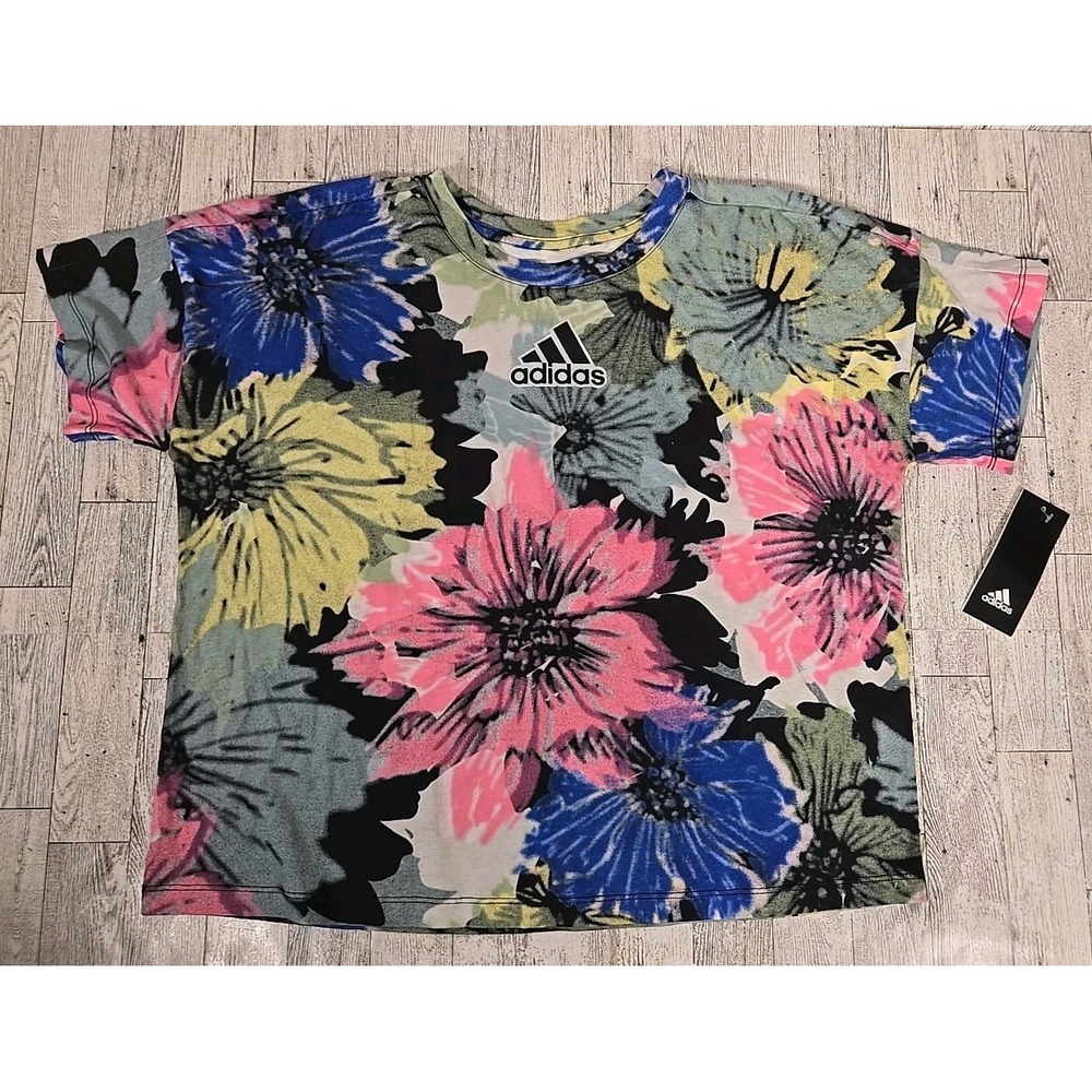 Adidas Shirt XL (16) Girls Tie Dye Box Cut Green Black Blue Short Sleeve NEW